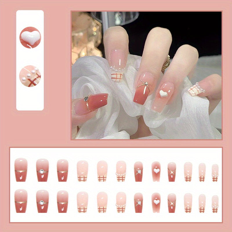 24pcs Heart Design Press On Nails with Rhinestones - Long Coffin Fake Nails for Women, Girls, and Men - Full Glue On Acrylic Artificial Nail