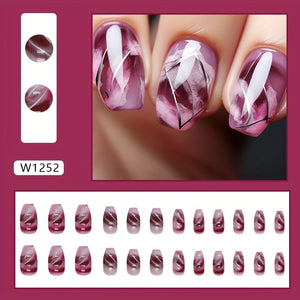 24pcs Glossy Short Ballet Fake Nails, Gradient Purple Press On Nails With Silvery Stripe Design, Smudged Marble False Nails For Women Girls