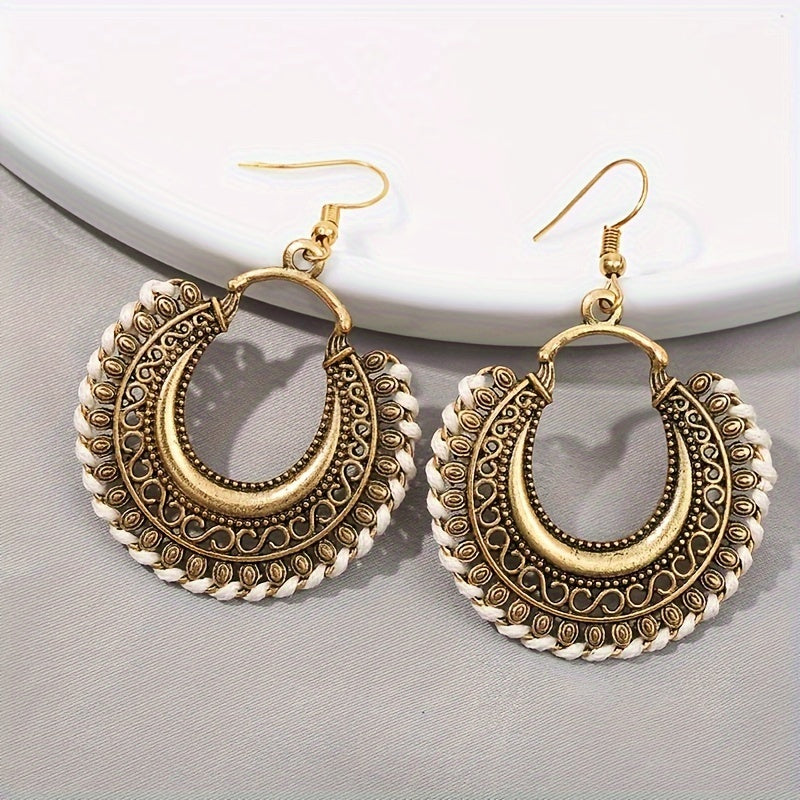 Vintage Round Shape Carved Pattern Dangle Earrings Retro Bohemian Style Alloy Jewelry Delicate Female Gift