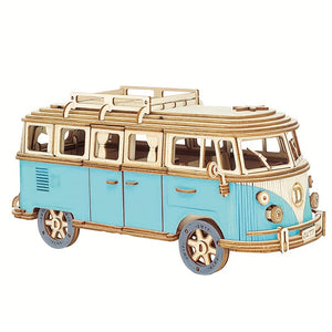 Blue Wooden Puzzle Camping Car, Wooden Car Model, Assembled 3d Three-dimensional Building Block Toys, Educational Toys, Car Series