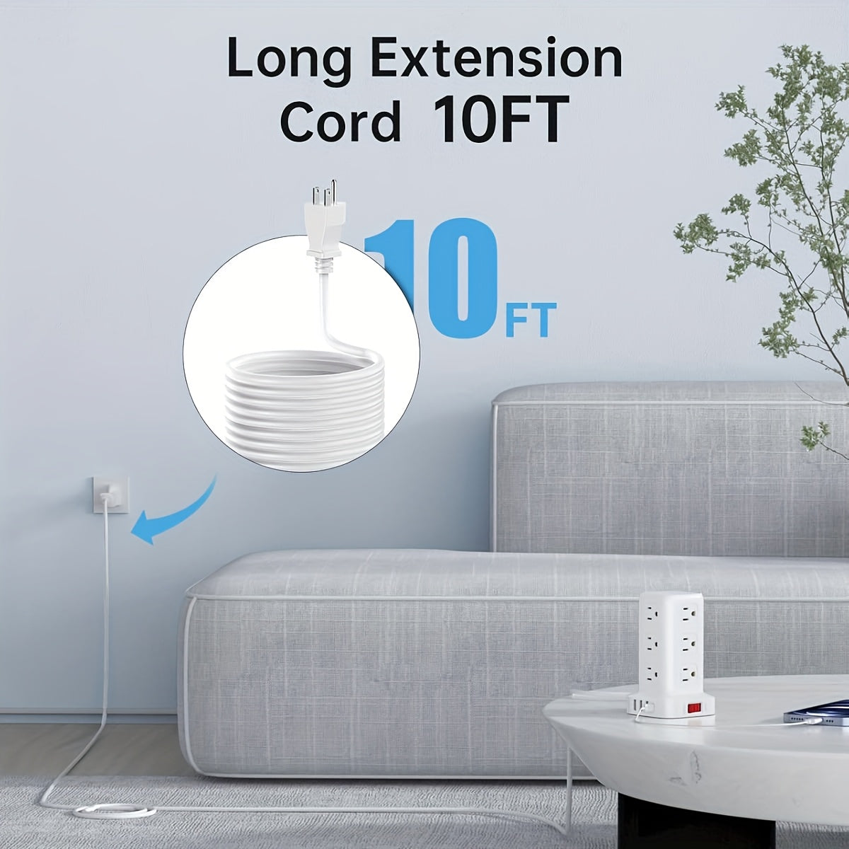 Power Strip Tower Surge Protector, Desktop Charging Station, 10ft Extension Cord, 3-Prong, Grounded, with 12 AC Outlets, 4 USB Ports, Multiple Protections for Home, Office, Dorm Room, Black And White