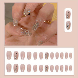 24pcs Heart Design Press On Nails with Rhinestones - Long Coffin Fake Nails for Women, Girls, and Men - Full Glue On Acrylic Artificial Nail