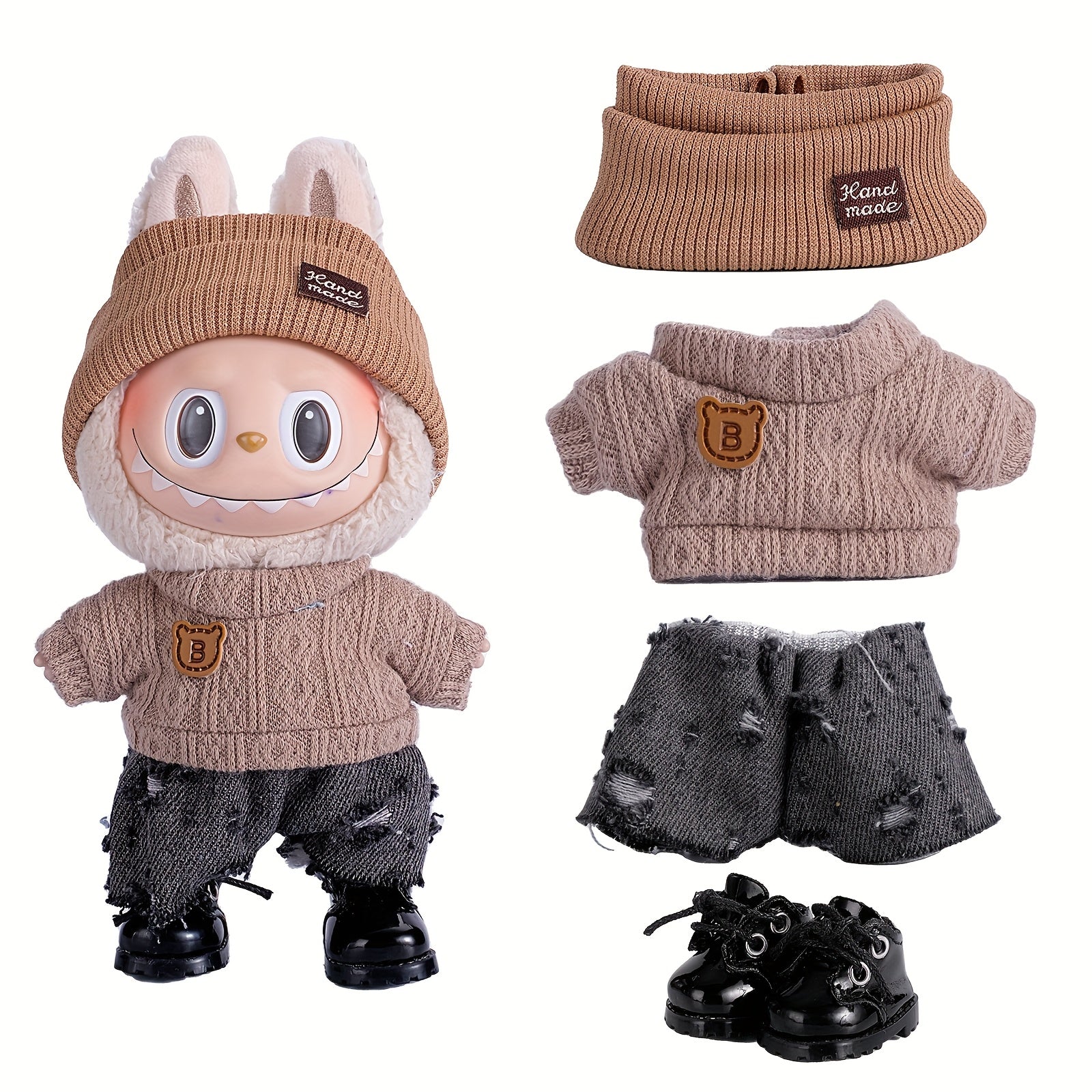 17cm Doll Clothes For Labubu With 3 Outfits - Stylish Fisherman Hat & Sweaters & Pants Or Skirt Set For 17cm Dolls, Adorable Labubu Accessories For Play & Display (Not Included Shoes & Doll)
