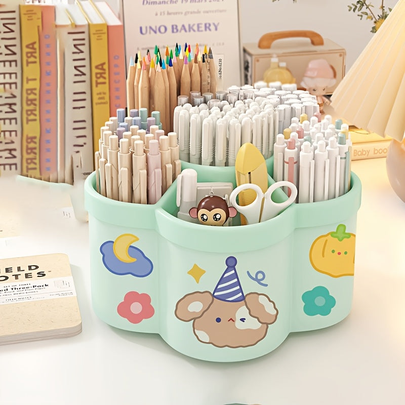 360-Degree Rotating Desk Organizer Set (1-Pack/2-Pack) - Cute Multi-Functional Stationery Holder with Large Capacity - PVC Round Pen & Art S