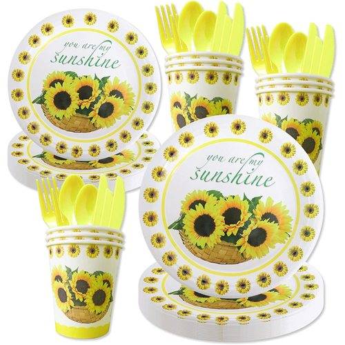 70PCS Set US Local Shipping Sunflower Birthday Party Supplies Disposable Paper Plates Dinnerware