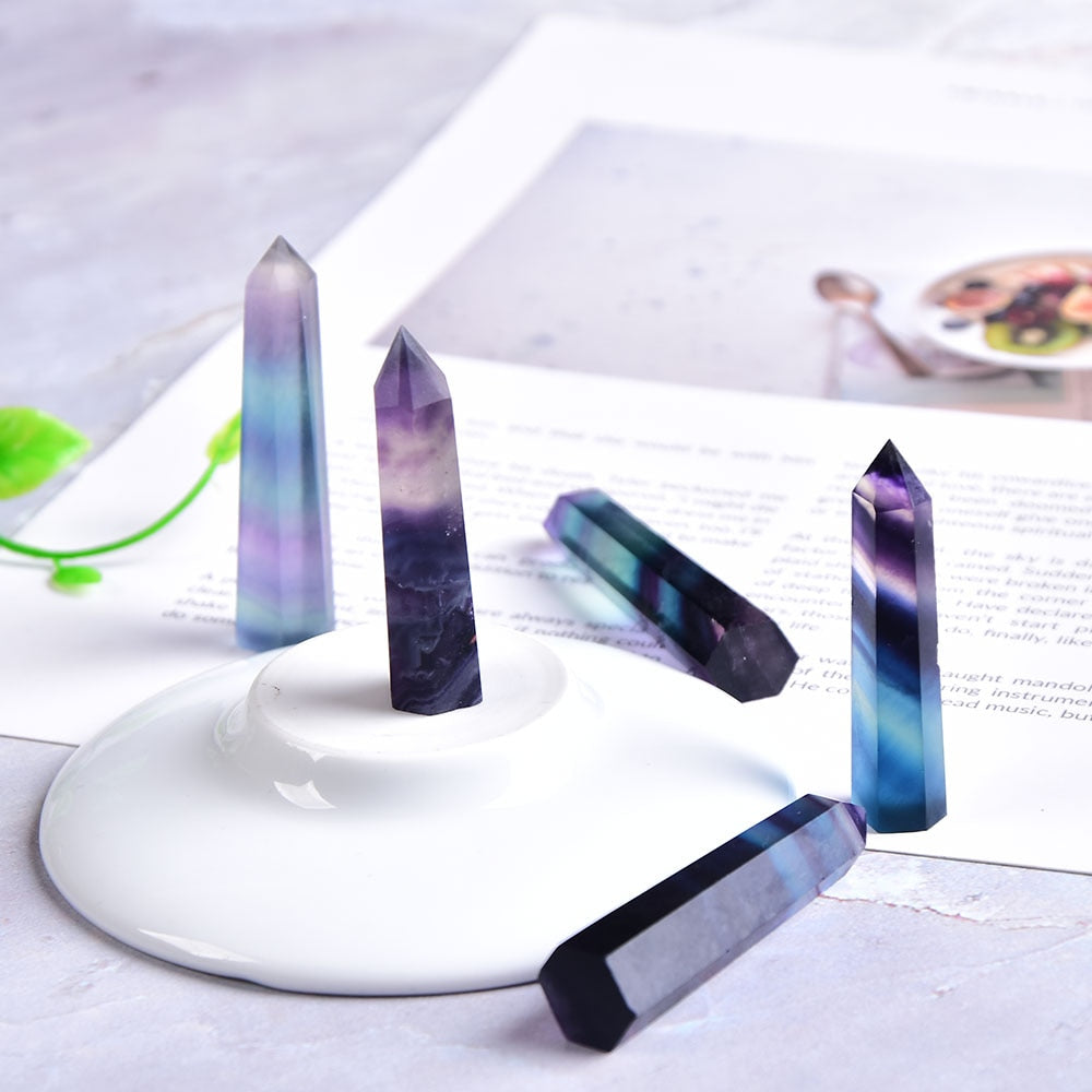 Natural Crystal Colored fluorite Point Healing Stone Hexagonal Prisms 40-80mm Obelisk Wand Treatment Stone DIY Gift 1PC