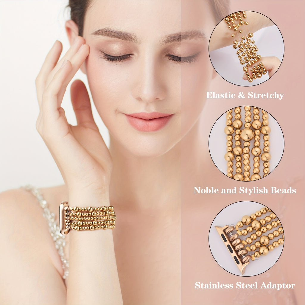 Beaded Bracelet Compatible with Apple Watch Band 4lmm 40mm 38mm Women,Stainless Steel Golden & Silvery Beads, Cute Handmade Elastic Stretch Strap for iWatch Series SE 10 9 8 7 6 5 4 3 2 1