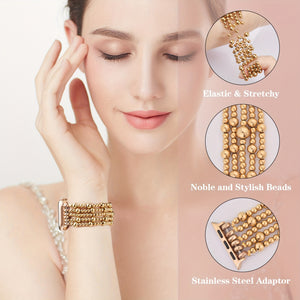 Beaded Bracelet Compatible with Apple Watch Band 4lmm 40mm 38mm Women,Stainless Steel Golden & Silvery Beads, Cute Handmade Elastic Stretch Strap for iWatch Series SE 10 9 8 7 6 5 4 3 2 1