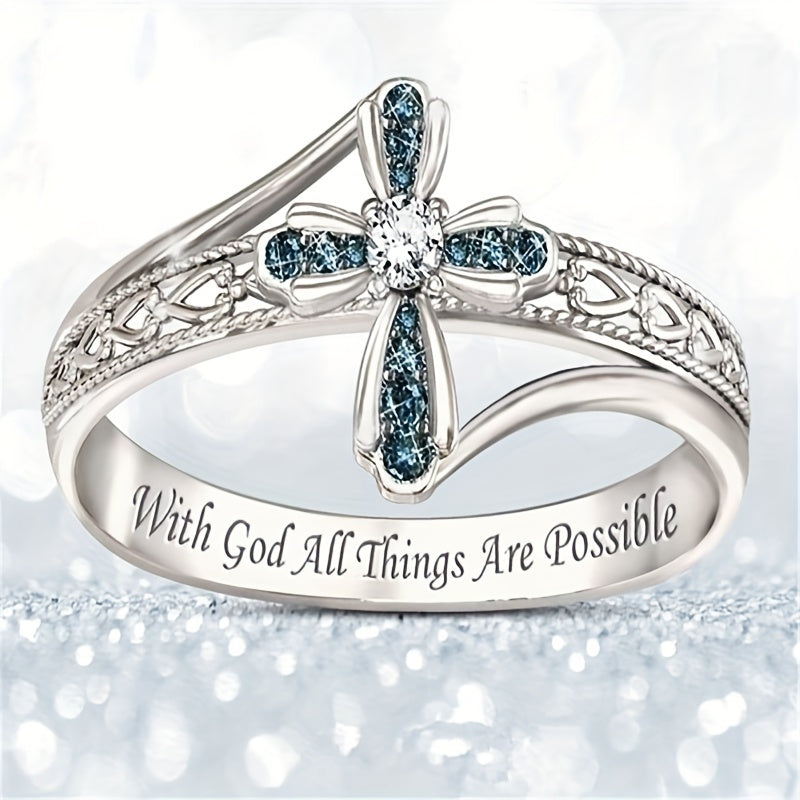 1pc Exquisite And Fashionable Blue Zircon Cross Ring For Men And Women, Jewelry Gift