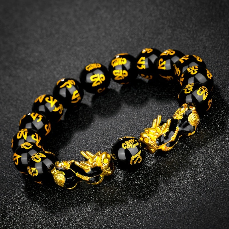 1PC Synthetic Obsidian Beads Alloy Color Changing Pixiu Bracelet, Buddha Beads Elastic Rope Hand Jewelry, Unisex Holiday, Christmas New Year