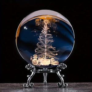 1pc 3D Laser Carved Christmas Tree Glass Ball, Elderly Man, Elk Crystal Ball With Silver Base, Desktop Decoration, Christmas Gift For Girlfr