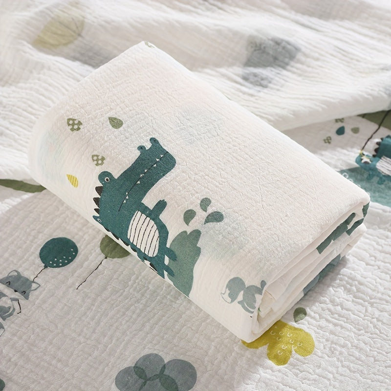 Soft Foldable Swaddle Blanket for Newborns - White with Green Elephant & Umbrella Print, Light Beige-Friendly Cotton, Perfect for Bath Time & Cuddling, Baby Blanket, Newborn Care, Playful Print, Wrinkly Texture