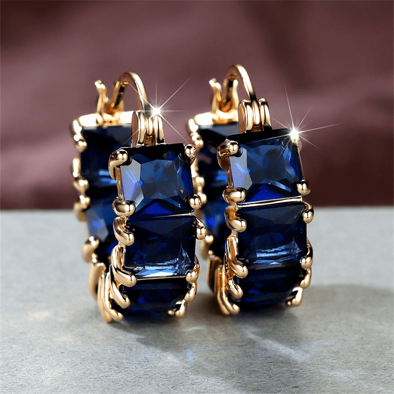 1 Pair Elegant Golden Square Cut Blue Stone Drop Earrings with CZ Accents, Dangle Hoop Earrings for Men, Perfect for Valentine's Day, Halloween, Christmas Gifts, Formal Occasion Jewelry | Square Cut Stones | Luxury Earrings, Novelty Earrings, Perfect for