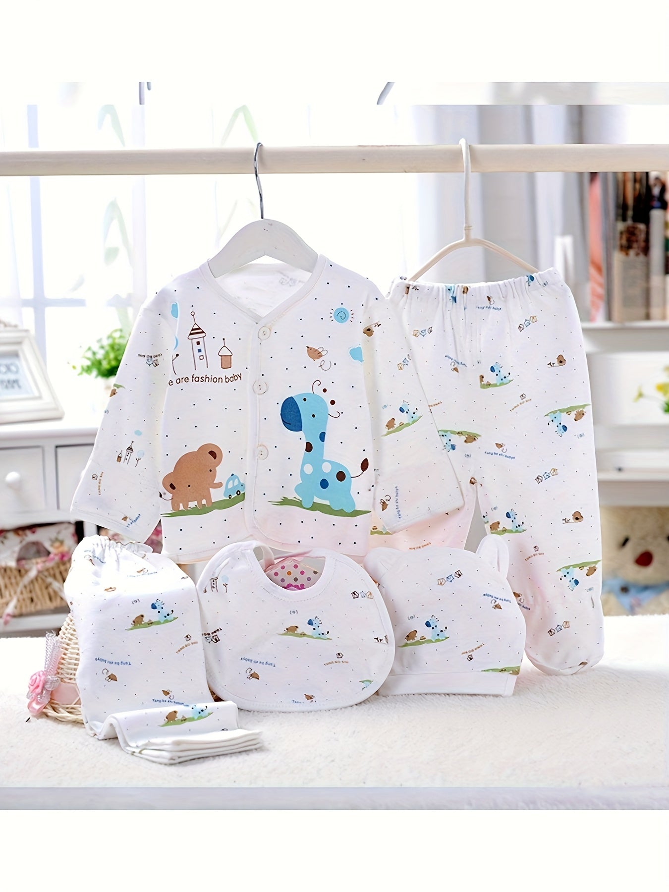 Newborn Baby 5pcs Outfit Pregnancy Gifts - Cardigan Top Trousers Bib Hat Set Cute Cartoon & Cotton Soft Comfy Baby Supplies Outdoor Clothes