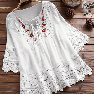 Elegant Plus Size V-Neck Blouse with Lace Accents - Casual, Breathable, Season-Ready