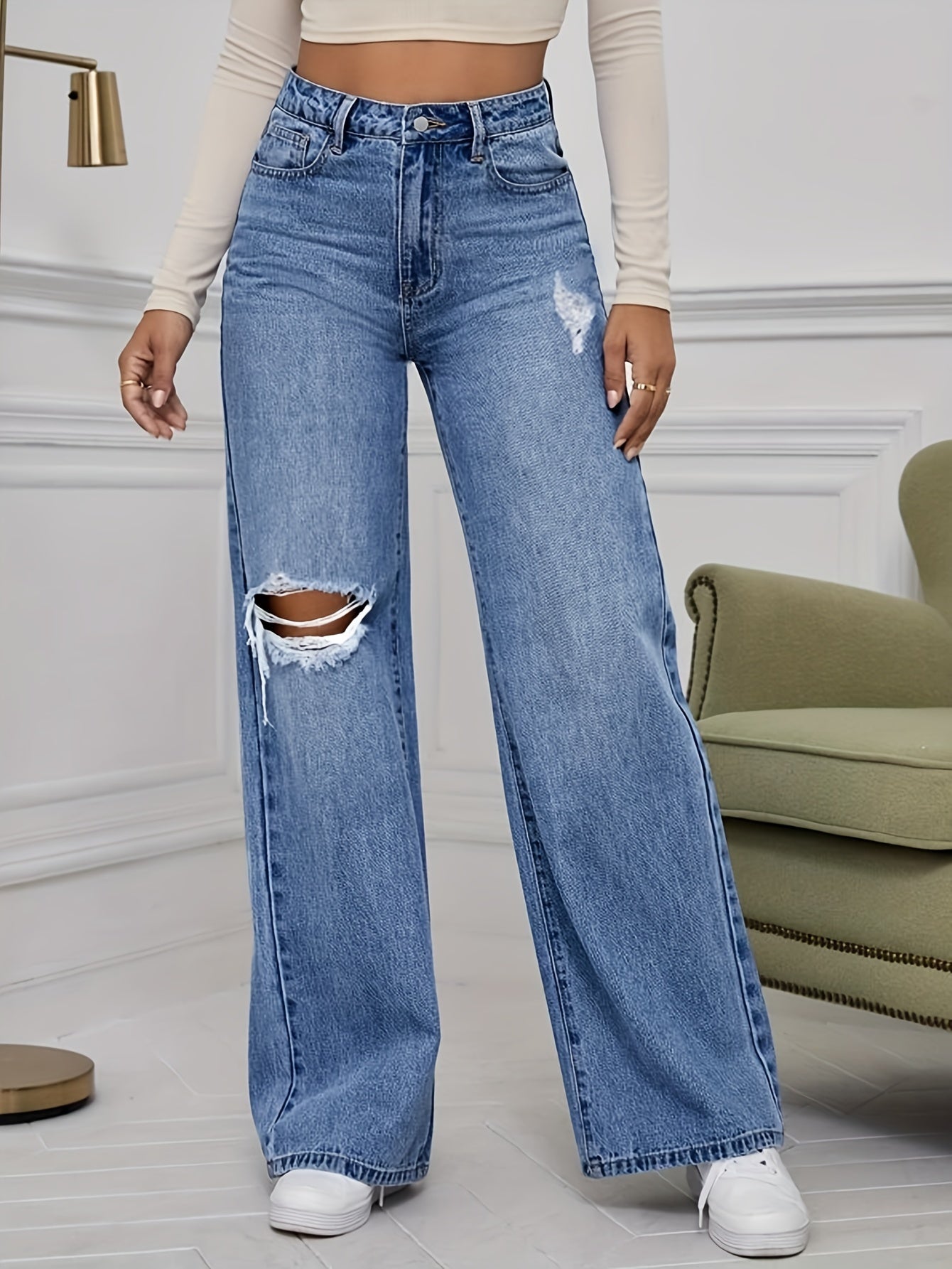 Women's High-Waist Ripped Bootcut Jeans - Wide-Leg Cotton Denim for All Seasons, Casual Everyday Wear