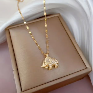Chic Golden Elephant Pendant Necklace with Sparkling Cubic Zirconia - Elegant Titanium Steel Collarbone Chain for Women, Perfect Gift for Va
