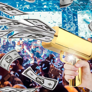 168-Note Money Spraying Gun Toy - Electric Cash Cannon with LED Light, Realistic Sound Effects, and Handheld Design - Perfect Novelty Prop for Parties, Birthdays, Weddings, and Movie Props for Ages 14+