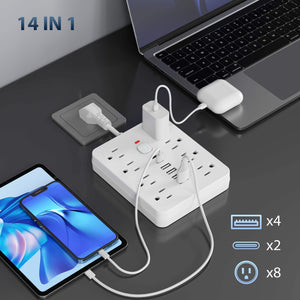14-in-1 Power Strip with Surge Protection and One-Touch Control Switch - 4 Spacious AC Outlets with 6 USB Ports (including 2 Type-C) - Wall-