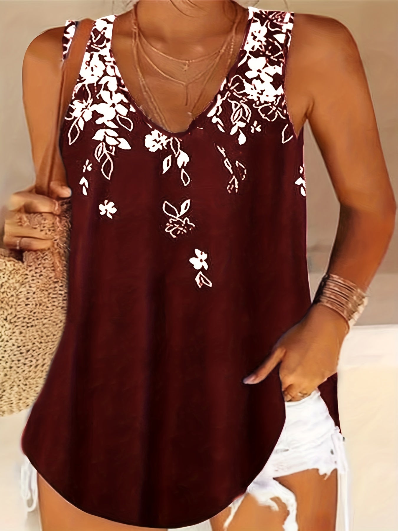 Versatile Plus Size Floral V-Neck Tank Top - Comfortable Stretch Knit, Perfect for All Seasons