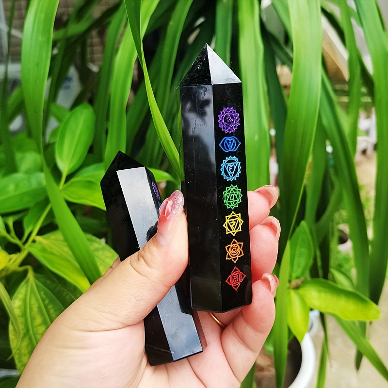 Black Obsidian Seven Main Chakras Symbolic Crystal Tower Healing Crystal The Seven Chakras Wand For Spiritual Use Hexagonal Point Reiki Chakra Gemsone Home Office Decoration