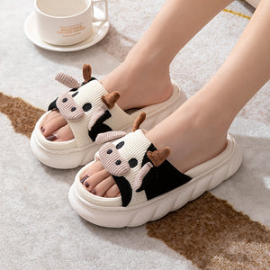 Women's Cartoon Cute Cow House Slippers, Platform Soft Sole Anti-slip Warm Plush Home Slides, Women's Indoor Cozy Shoes