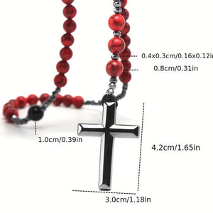 Cross-border Export Natural Stone 8mm Red Pine Stone Black Agate Black Gallstone Cross Rosary Necklace For Men Long Chain