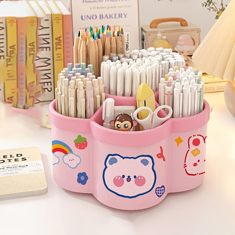 360-Degree Rotating Desk Organizer Set (1-Pack/2-Pack) - Cute Multi-Functional Stationery Holder with Large Capacity - PVC Round Pen & Art S