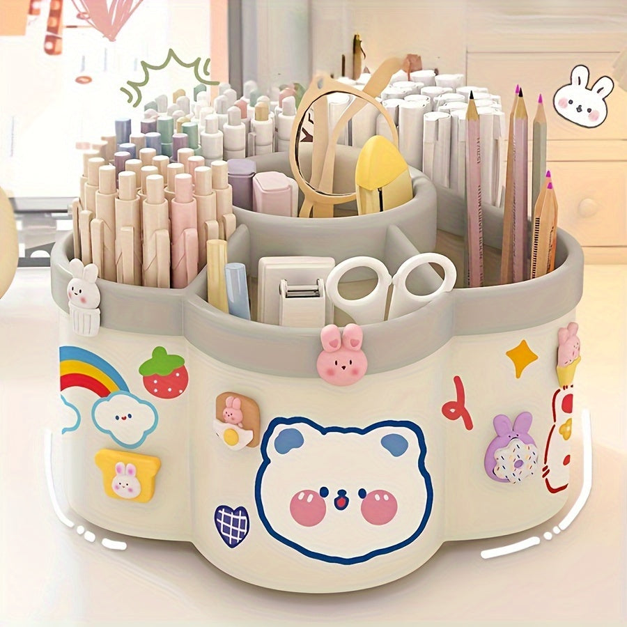 360-Degree Rotating Desk Organizer Set (1-Pack/2-Pack) - Cute Multi-Functional Stationery Holder with Large Capacity - PVC Round Pen & Art S