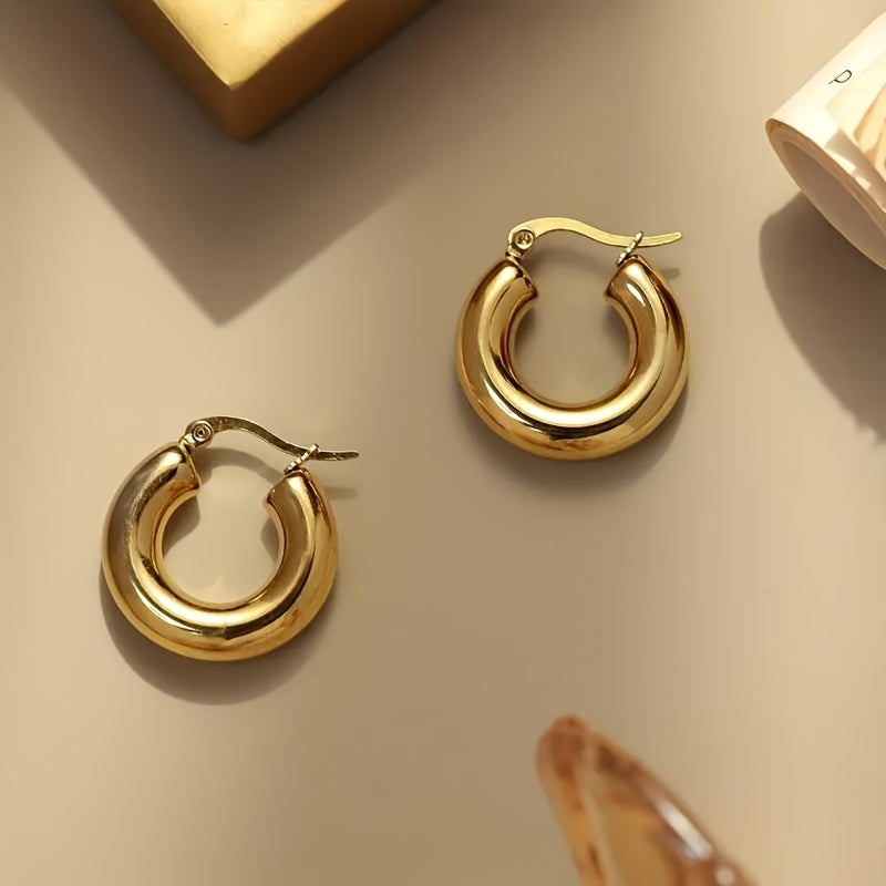 Fashionable Stainless Steel Round Thick Loop Earrings, Plated With 18K Golden Glossy Round Earrings, Perfect For Anniversary Birthday Gifts