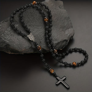 1pc Natural Volcanic Rock Black Agate Yellow Tiger Eye Tag Cross Pendant Rosary Necklace Jewelry For Men And Women