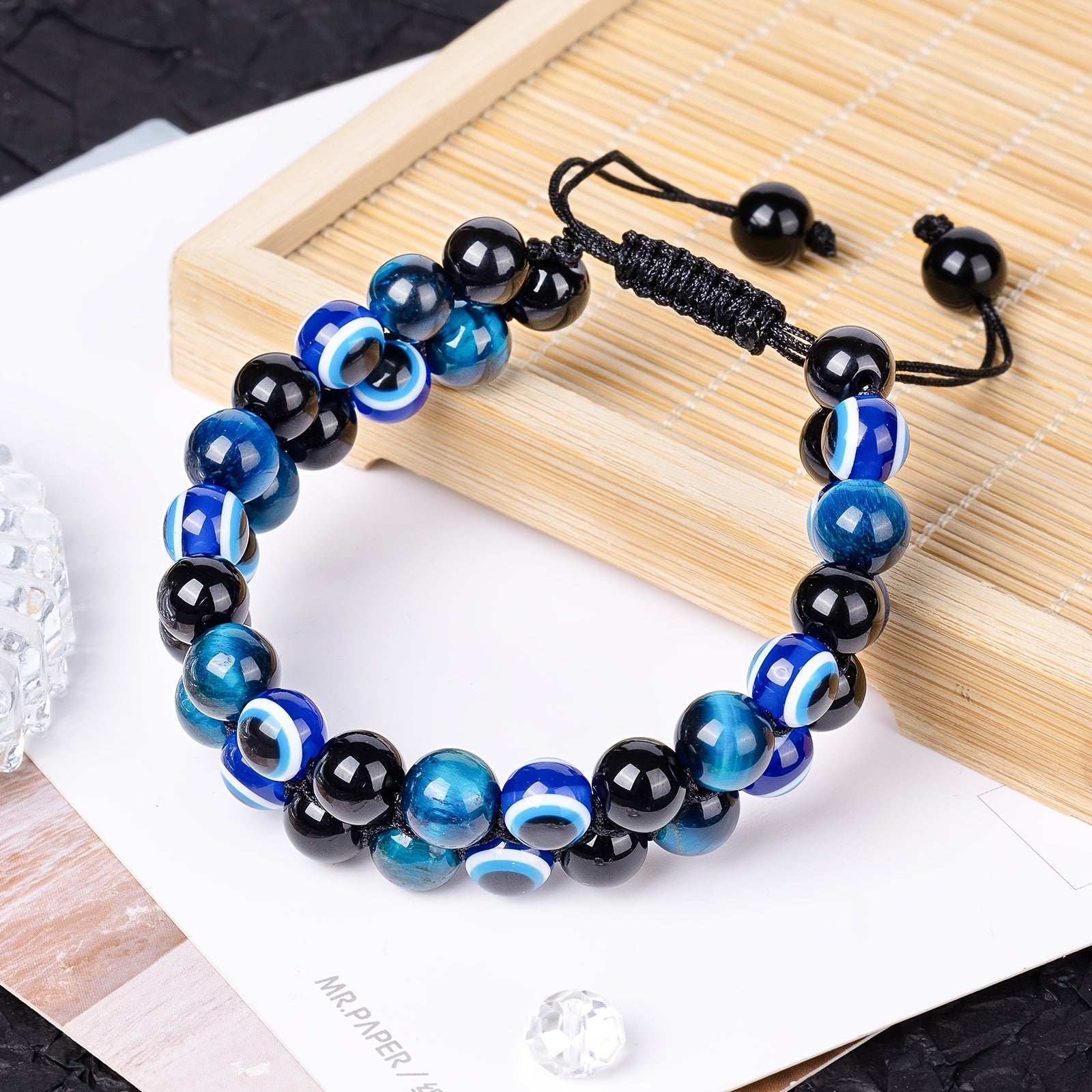 Triple Protection Bracelet 8MM Blue Tiger Eye Evil Eye Black Onyx Stone Bracelet Healing Crystal Natural Stone Beads Bracelet For Men Bring