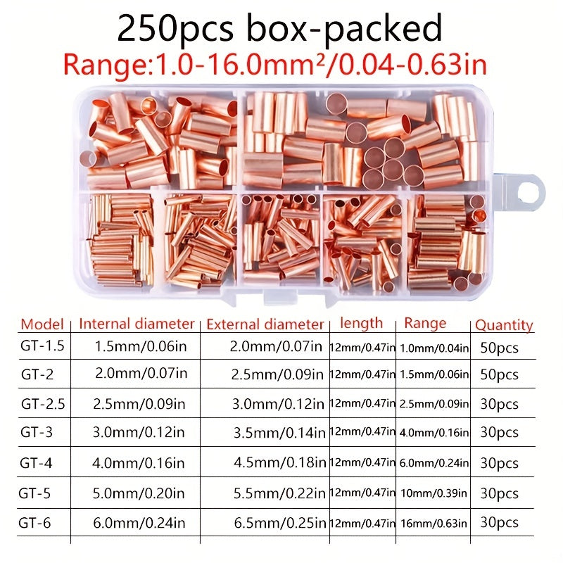 250pcs Copper Connecting Pipe Kit With Crimping Pliers - Perfect For Wire Joints & Cable Lugs!