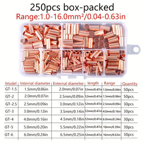 250pcs Copper Connecting Pipe Kit With Crimping Pliers - Perfect For Wire Joints & Cable Lugs!