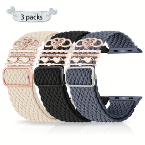 3-Pack Nylon Braided Watch Bands for Apple Watch, Waterproof, Hook & Loop Closure, with 5 Heart Charms, Smartwatch Accessories