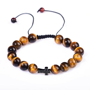 Natural Tigers Eye Quartz Reiki Crystal Cross Fashion Chakra Bracelet Adjustable