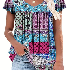 Plus Size Floral Print T-Shirt, Casual V Neck Short Sleeve T-Shirt, Women's Plus Size Clothing