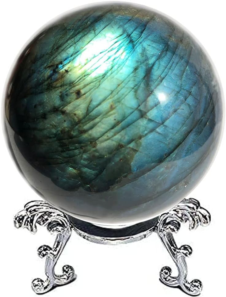 Natural Labradorite Sphere Rock Quartz Crystal Ball Healing Ornament Specimen + Pedestal (200g)