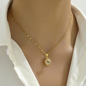 [Golden Lip Chain] Golden Stainless Steel Lip Chain Necklace - Retro Fashion Trend, Simple, Suitable for Men and Women, Couples, Street, Daily, Party, Christmas, Halloween, with Golden-plated Cubic Zirconia Round Rotating Blue Eyes and Studded Zirconia, O
