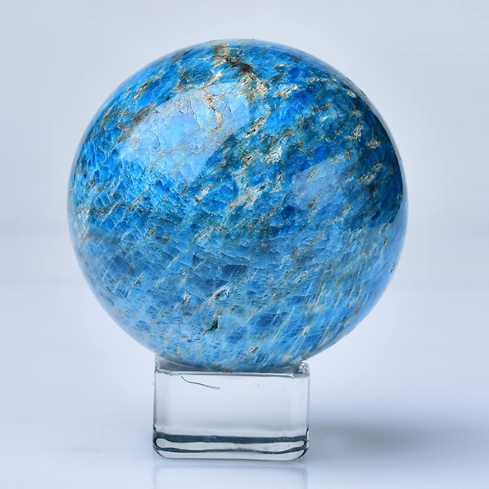 Natural Blue Apatite Ball Healing Sphere with Stand Meditation Room Decor Office Gift Energy Crystals Reiki Stones Collectible Sphere Stone Chakra Rocks Mineral (60-65mm)