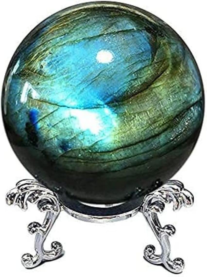 Natural Labradorite Sphere Rock Quartz Crystal Ball Healing Ornament Specimen + Pedestal (200g)