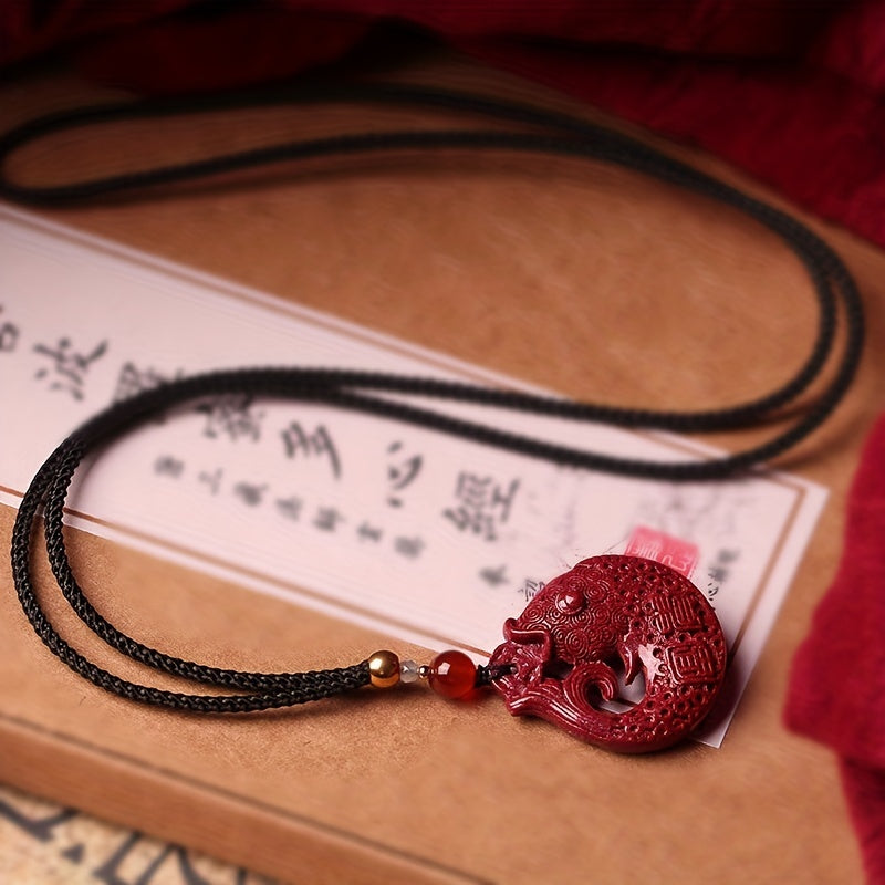 Chinese Red Cinnabar Good Fortune Fish Shape Pendant Necklace