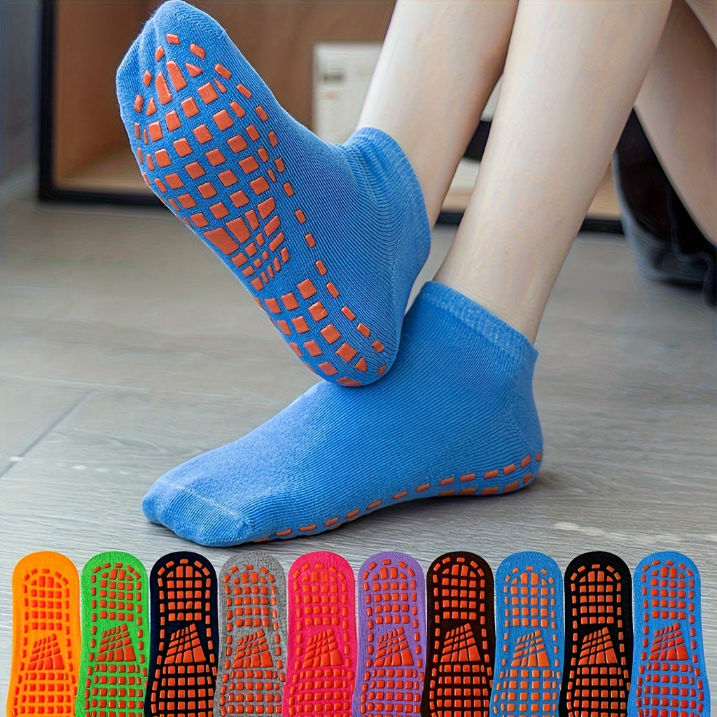10 Pairs Of Ultra-Comfort Non-Slip, Breathable Polyester Blend Socks for Trampoline, Yoga & Floor Sports - Machine Washable, Durable, All-Season Knit Fabric In Vibrant Colors (Red, Blue, Green, Purple), Cute Socks
