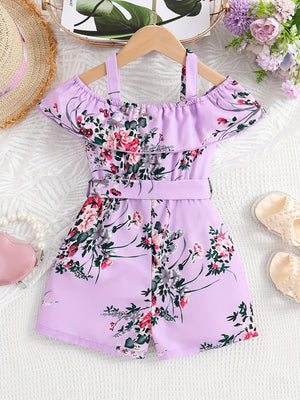 Girls Casual Ruffled Off-Shoulder Dress Flower Graphic Jumpsuit For Summer Girls Clothes