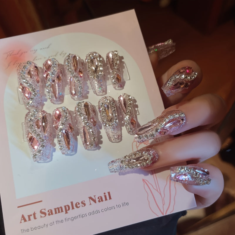 24pcs Glossy Long Ballet Fake Nails, Luxury Full Rhinestone Press On Nails, Y2K Pink False Nails For Women Girls Daily Party Wear