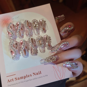 24pcs Glossy Long Ballet Fake Nails, Luxury Full Rhinestone Press On Nails, Y2K Pink False Nails For Women Girls Daily Party Wear