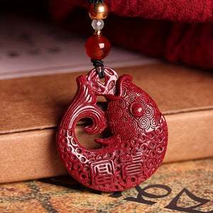 Chinese Red Cinnabar Good Fortune Fish Shape Pendant Necklace