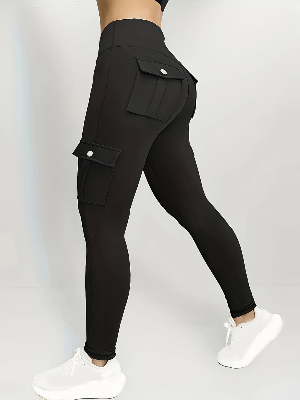Single Piece Women's High Waisted Yoga Leggings with Pockets - Elastic Running And Sports Leggings, Button Design, Solid Color (black, Navy Green), Practical Flip Pocket, Comfortable Polyester Blend Fabric
