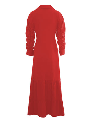 Elegant Maxi Dress with Belt and Ruched Sleeves for Women - Chic Ruffle Trim, Woven Polyester, Ideal for Spring/Fall