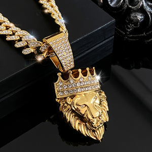 Men'S Crown Lion Head Zinc Alloy Pendant Necklace, Hip Hop Men'S Rhinestone Cuban Chain, Suitable for Daily, Banquet Wear, The Perfect Gift